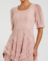 Pink Short Sleeve Mesh Micro Ruffle Midi Dress